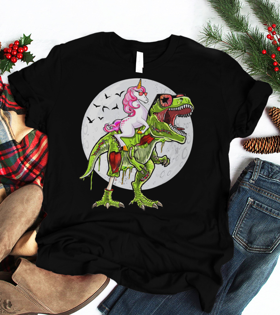Funny Halloween Unicorn Riding Zombie Dinosaur With Bats And Full Moon T-Shirt