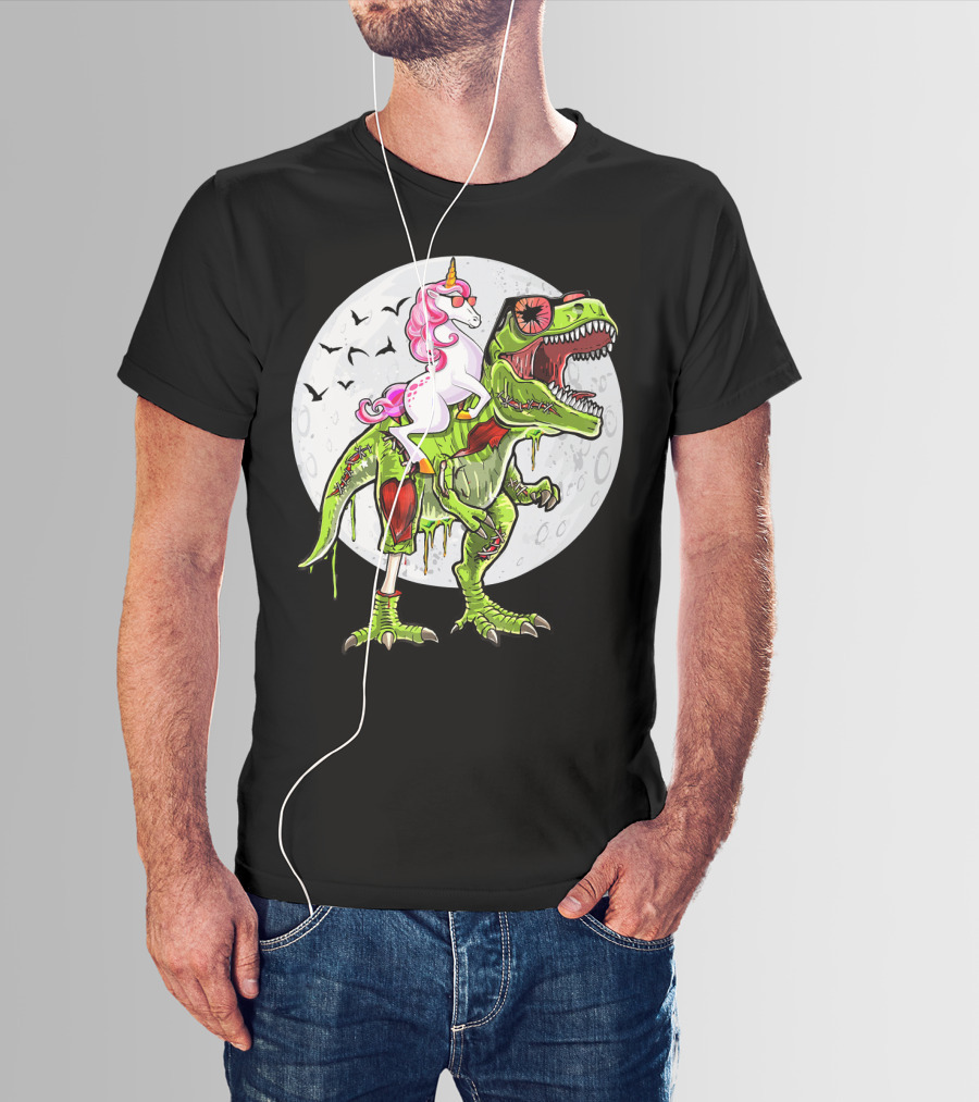 Funny Halloween Unicorn Riding Zombie Dinosaur With Bats And Full Moon T-Shirt