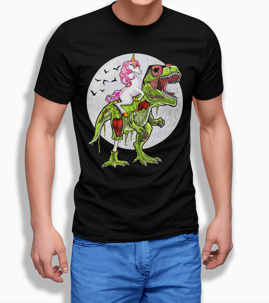 Funny Halloween Unicorn Riding Zombie Dinosaur With Bats And Full Moon T-Shirt