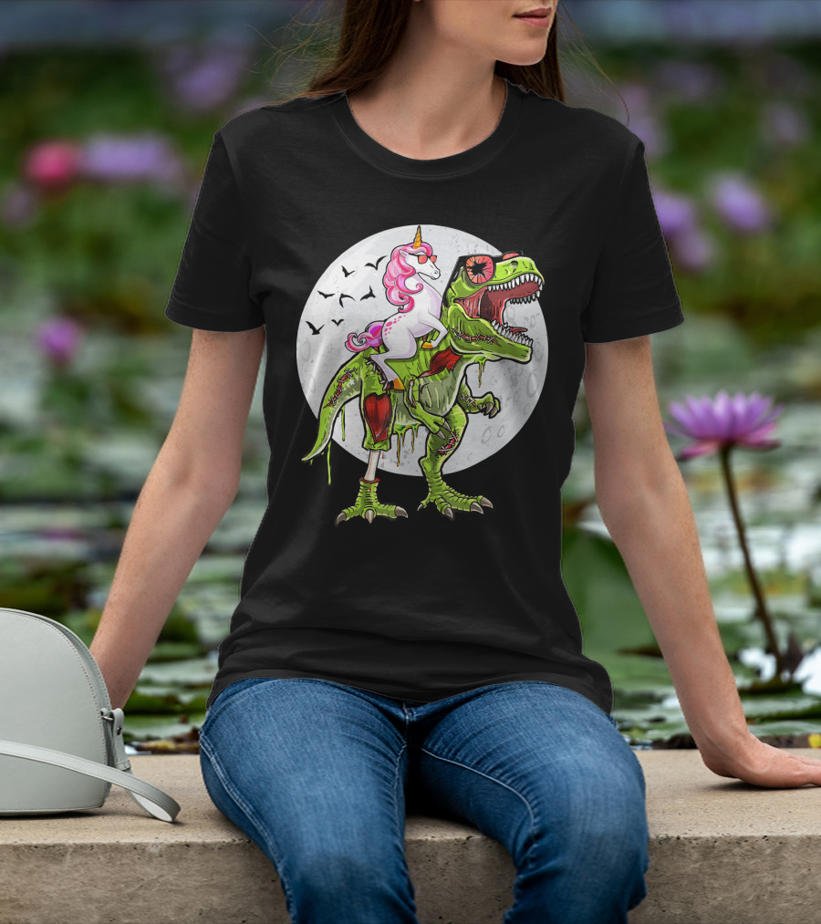 Funny Halloween Unicorn Riding Zombie Dinosaur With Bats And Full Moon T-Shirt