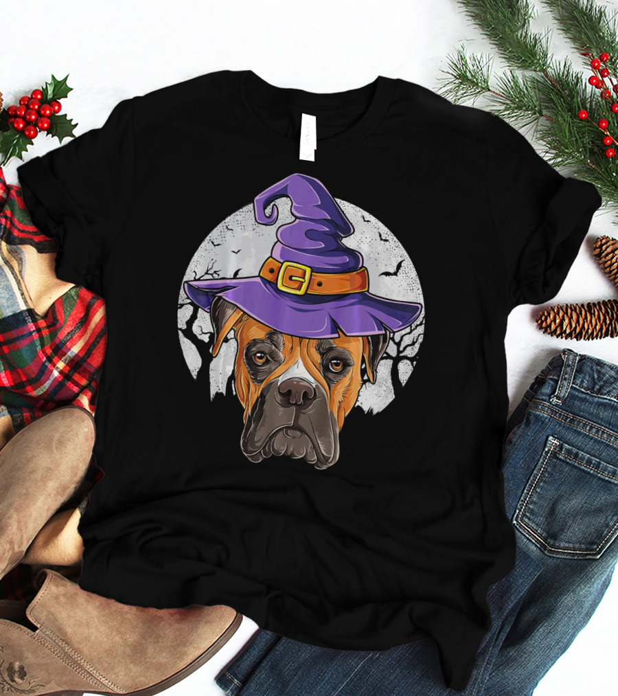 Boxer Dog Wearing Purple Witch Hat Under Full Moon With Bats Halloween T-Shirt