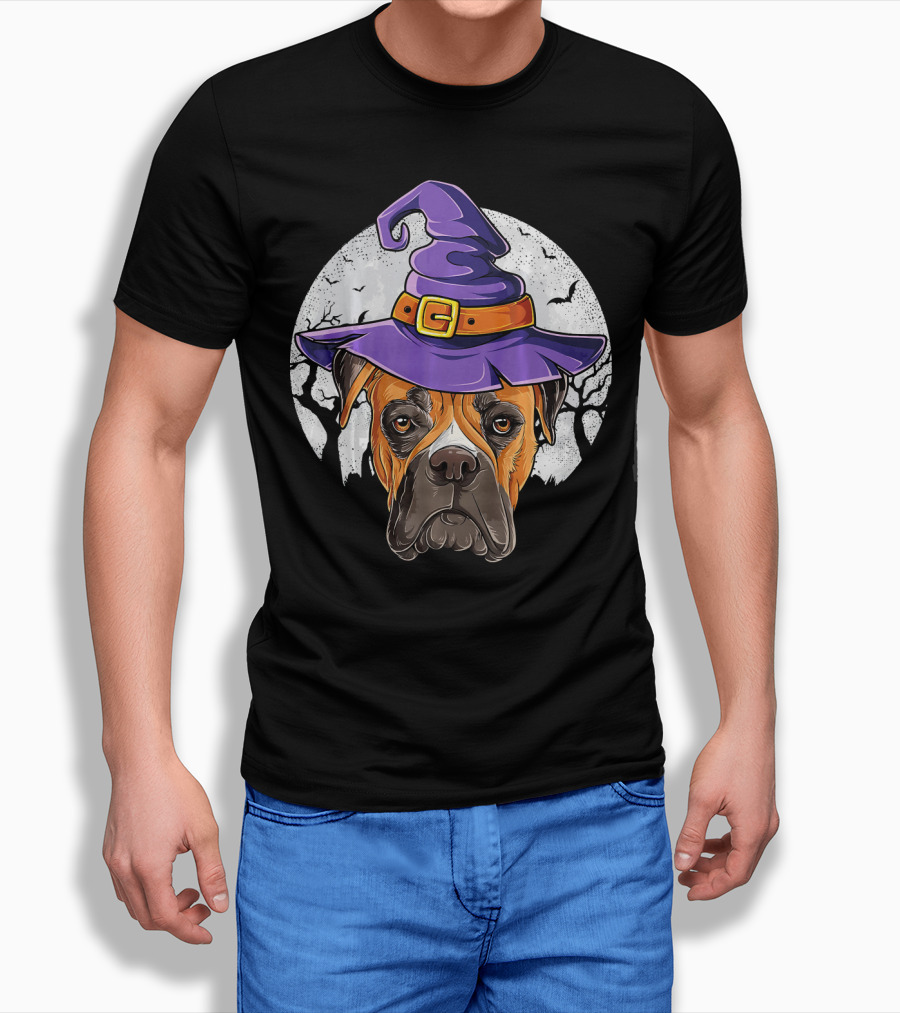 Boxer Dog Wearing Purple Witch Hat Under Full Moon with Bats Halloween T-Shirt