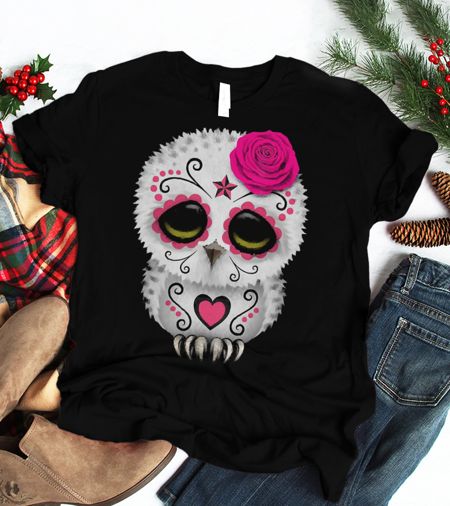 Owl Sugar Skull With Pink Rose And Heart Motif T-Shirt