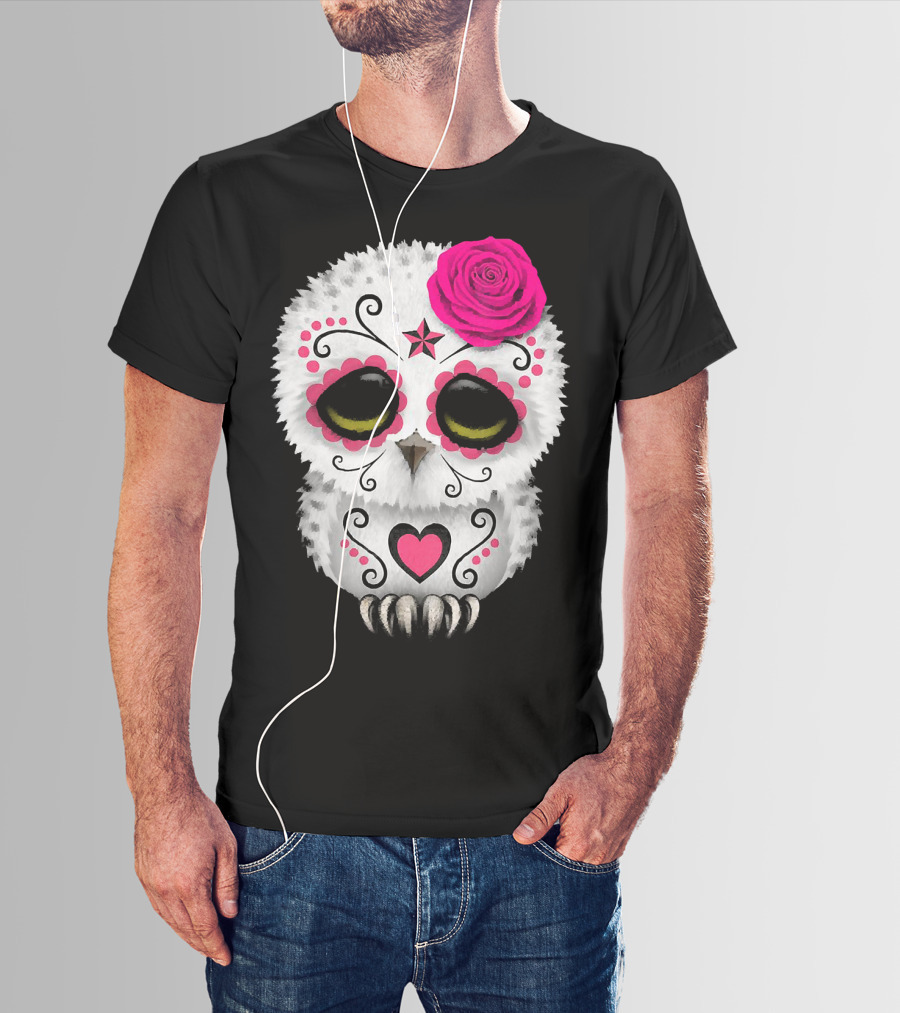 Owl Sugar Skull With Pink Rose And Heart Motif T-Shirt