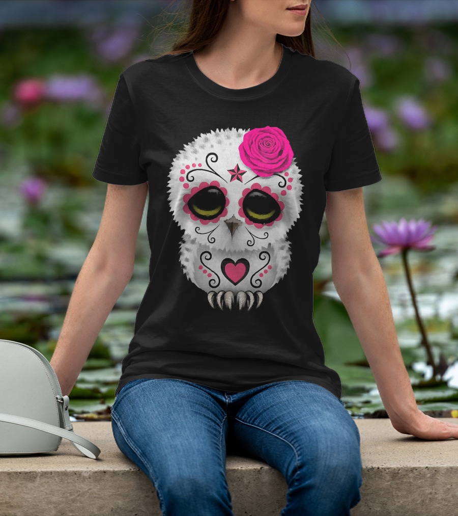 Owl Sugar Skull With Pink Rose And Heart Motif T-Shirt