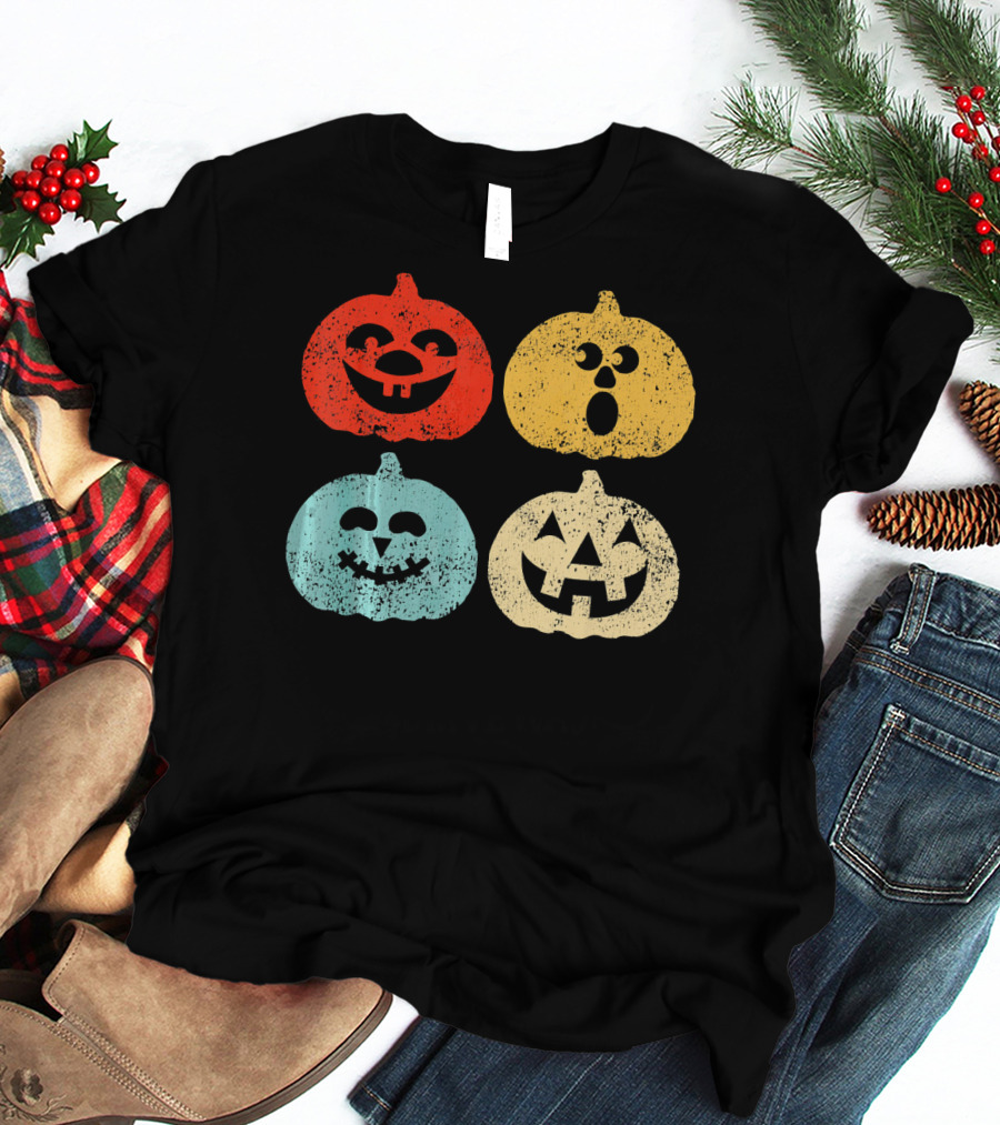 Vintage Halloween Pumpkin Women Retro Colorful Jack-O'-Lantern Faces T-Shirt