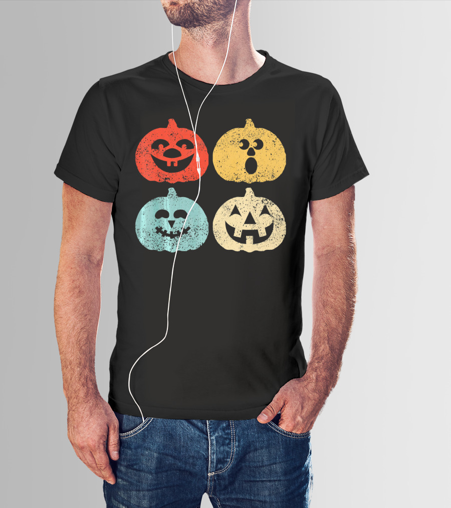 Vintage Halloween Pumpkin Women Retro Colorful Jack-O'-Lantern Faces T-Shirt