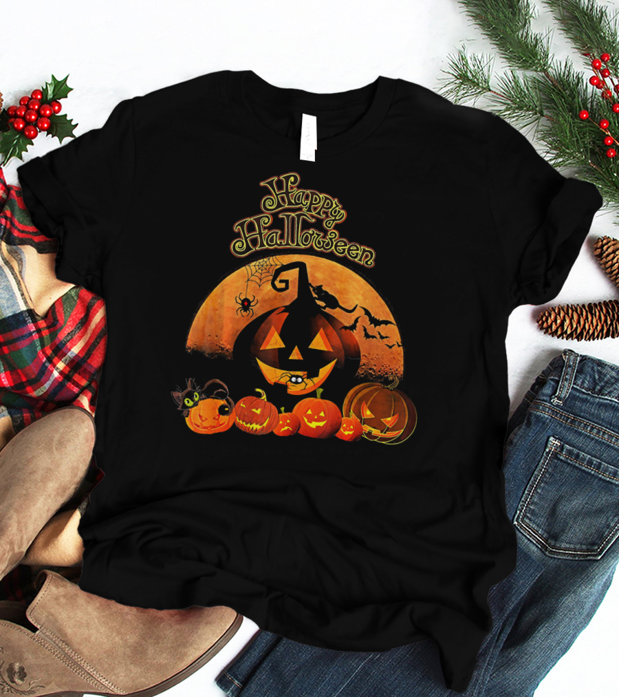 Happy Halloween Pumpkin Black Cat Witch Spider Bats T-Shirt