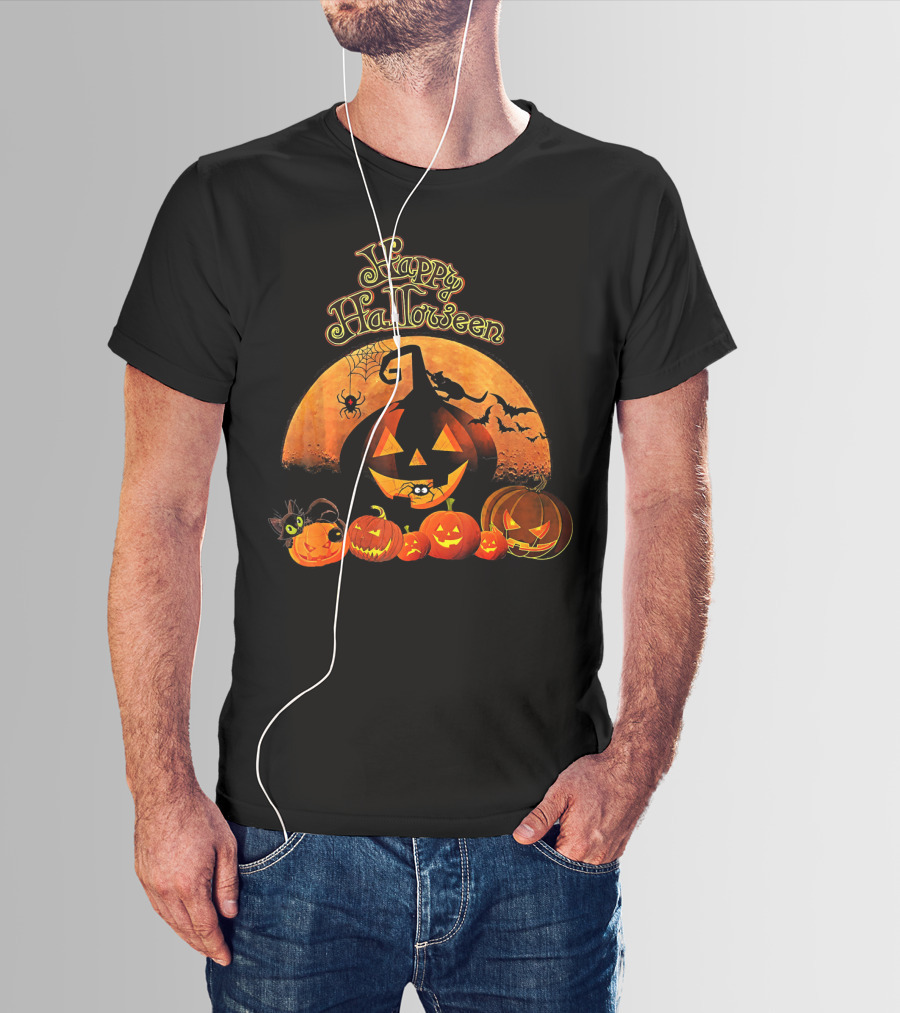 Happy Halloween Pumpkin Black Cat Witch Spider Bats T-Shirt