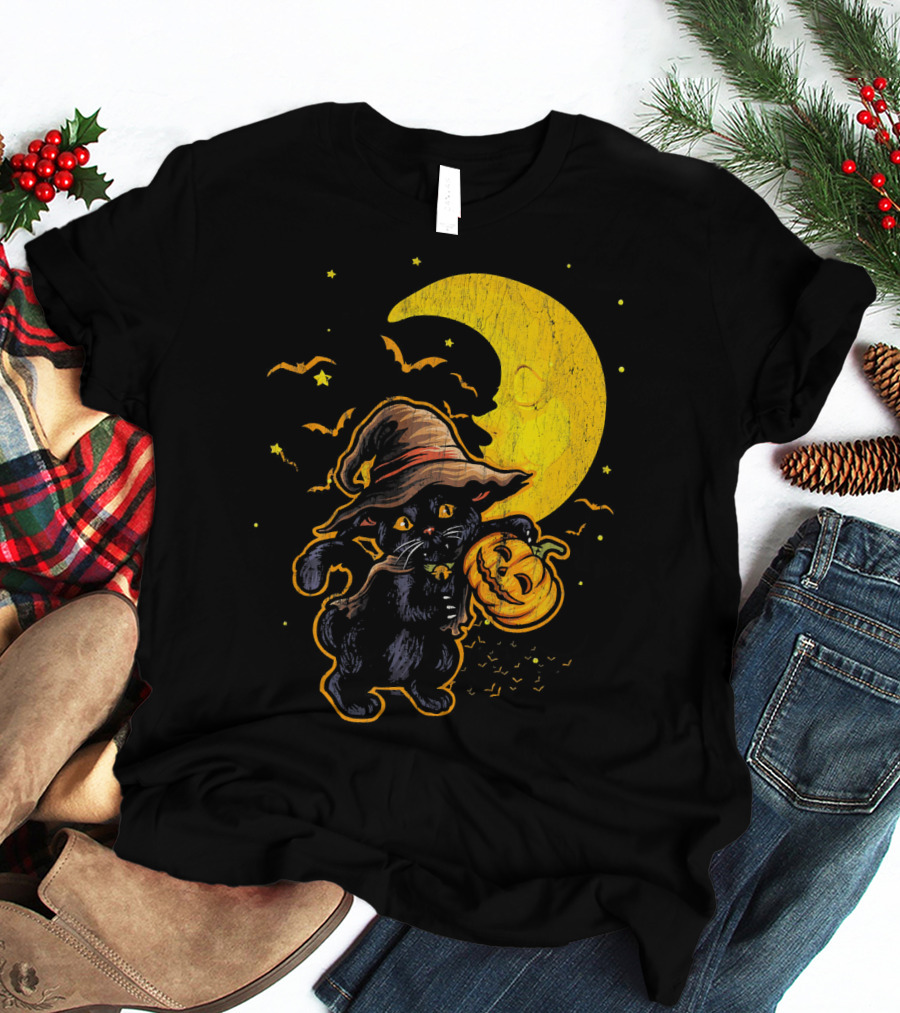Halloween Black Cat Witch With Pumpkin Under Moon And Bats T-Shirt