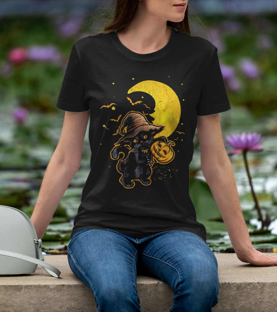 Halloween Black Cat Witch With Pumpkin Under Moon And Bats T-Shirt
