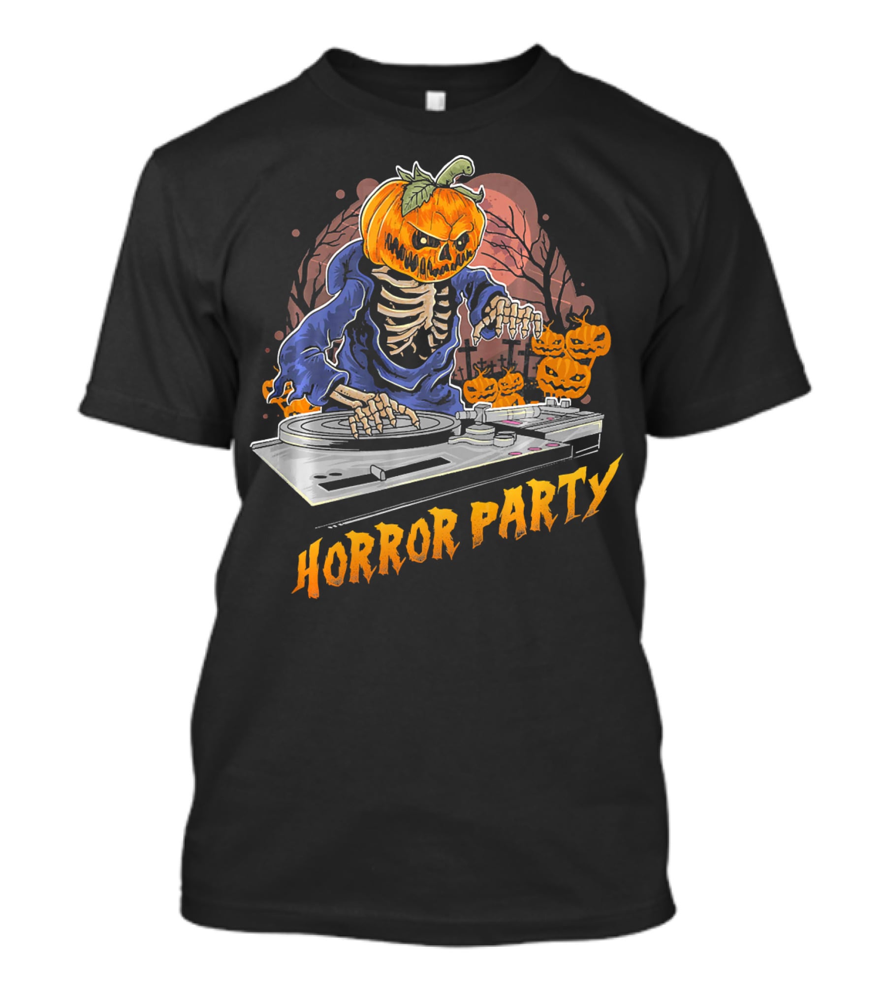 Horror Party Skeleton Pumpkin Head DJ Turntable Halloween Vibes T-Shirt