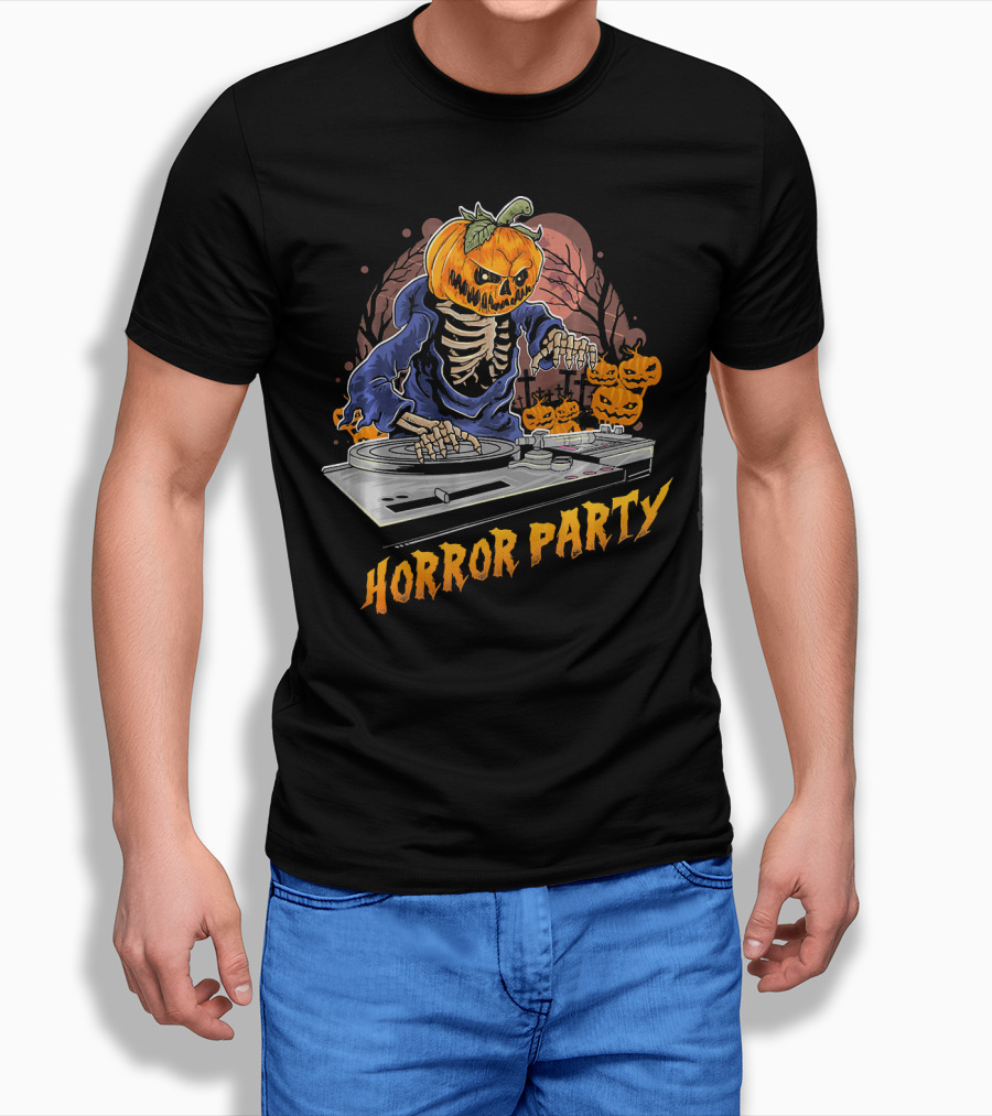 Horror Party Skeleton Pumpkin Head DJ Turntable Halloween Vibes T-Shirt