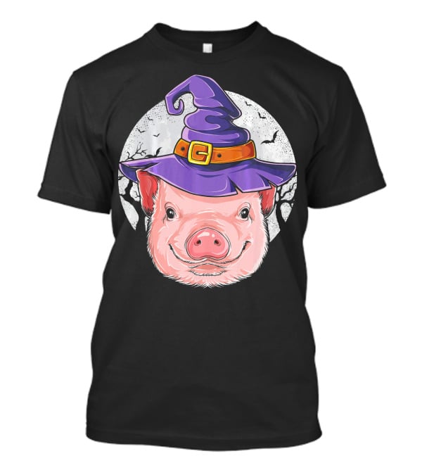 Pig Wearing Purple Witch Hat With Spooky Full Moon And Bats T-Shirt