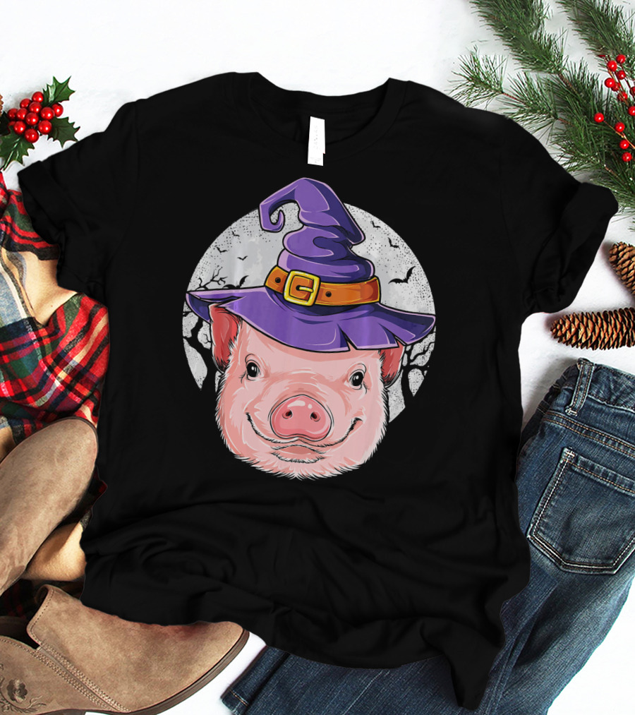 Pig Wearing Purple Witch Hat With Spooky Full Moon And Bats T-Shirt