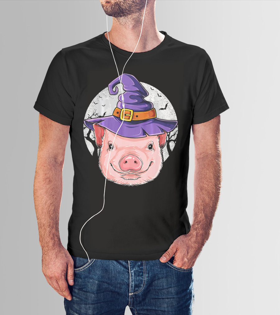 Pig Wearing Purple Witch Hat With Spooky Full Moon And Bats T-Shirt