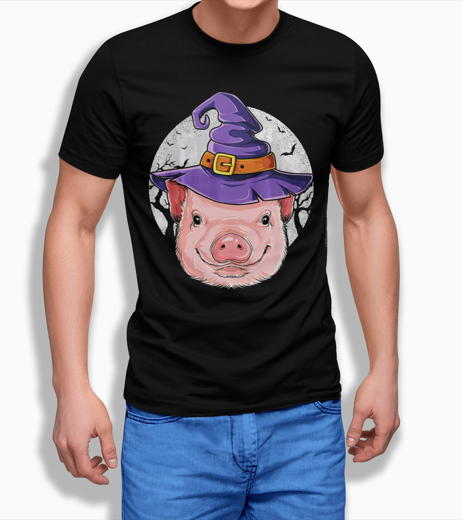 Pig Wearing Purple Witch Hat With Spooky Full Moon And Bats T-Shirt