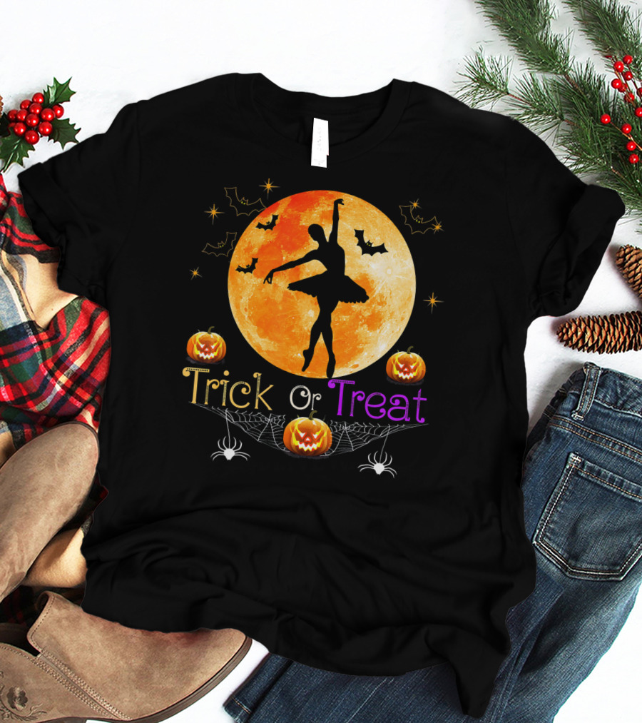 Trick Or Treat Ballerina Halloween Moon Pumpkins Bats Spiders T-Shirt