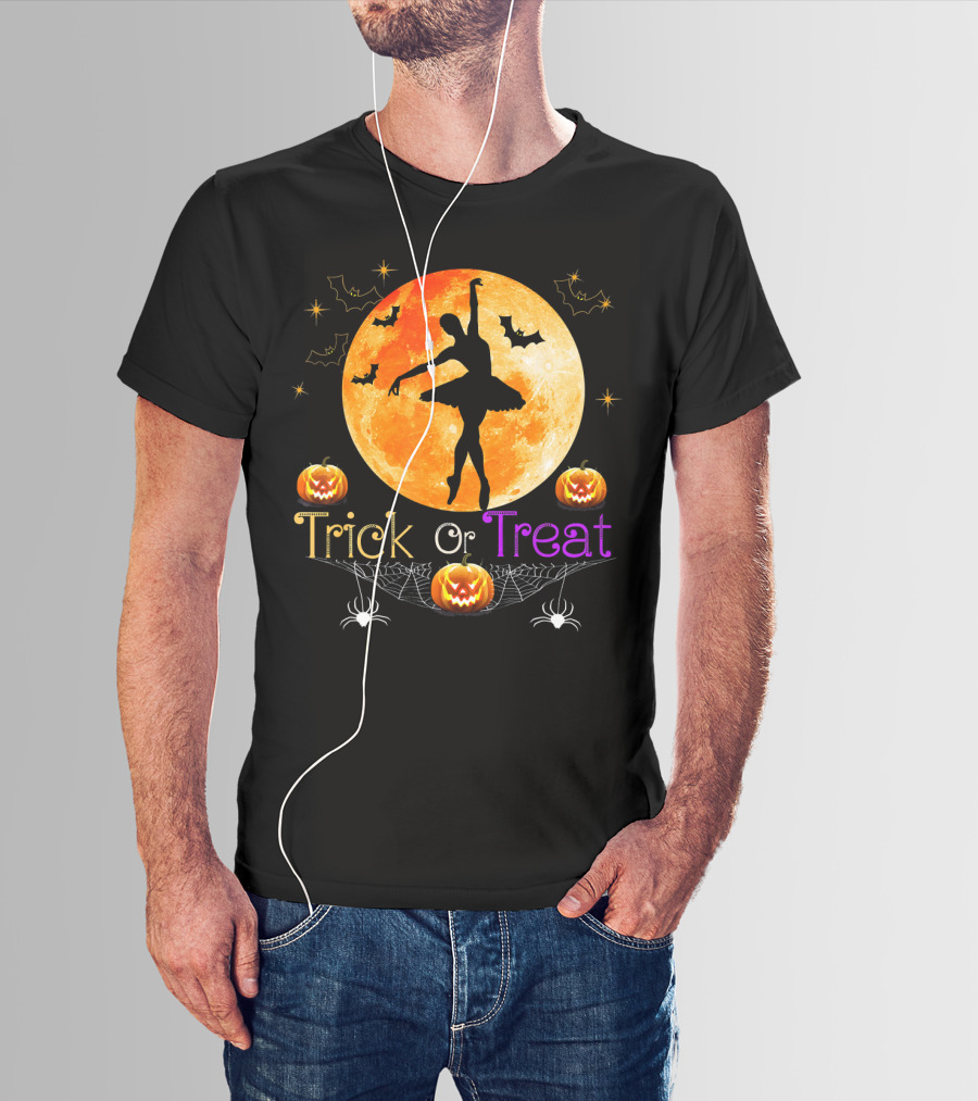 Trick Or Treat Ballerina Halloween Moon Pumpkins Bats Spiders T-Shirt