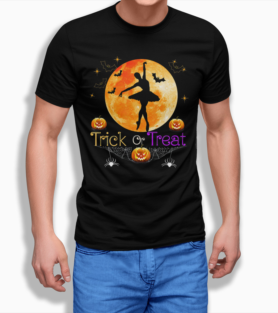 Trick Or Treat Ballerina Halloween Moon Pumpkins Bats Spiders T-Shirt