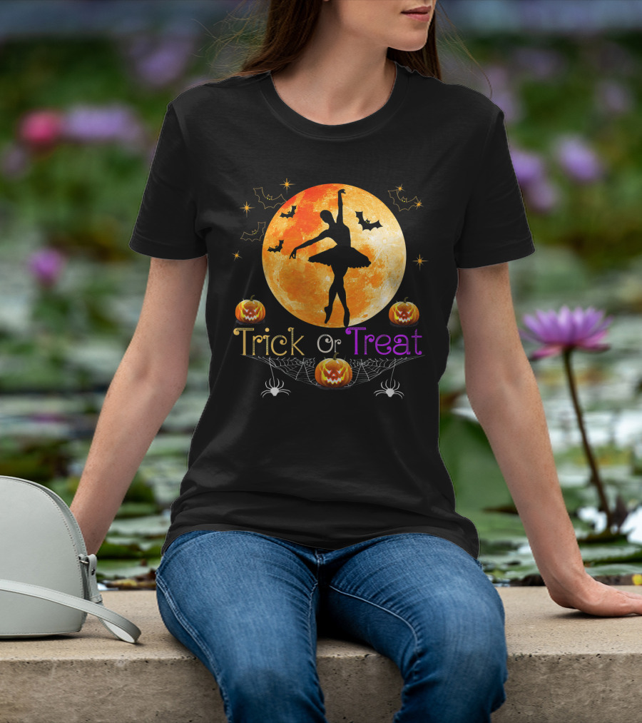 Trick Or Treat Ballerina Halloween Moon Pumpkins Bats Spiders T-Shirt