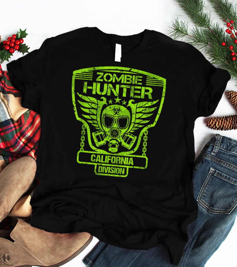 Zombie Hunter California Division Gas Mask Wings Emblem T-Shirt