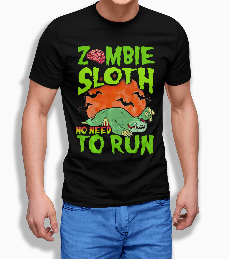 Zombie Sloth No Need To Run Halloween Brain Bats T-Shirt