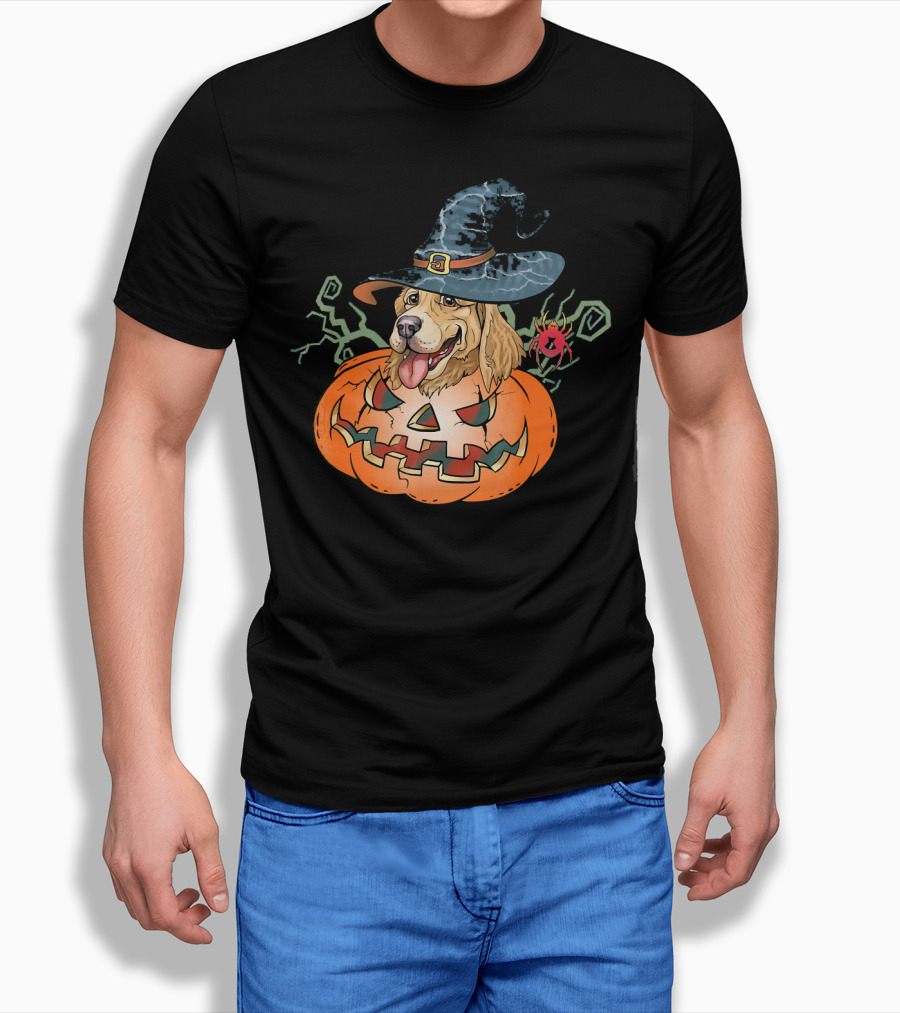 Halloween Golden Retriever Dog Lover Pumpkin Wizard Hat and Spider T-Shirt