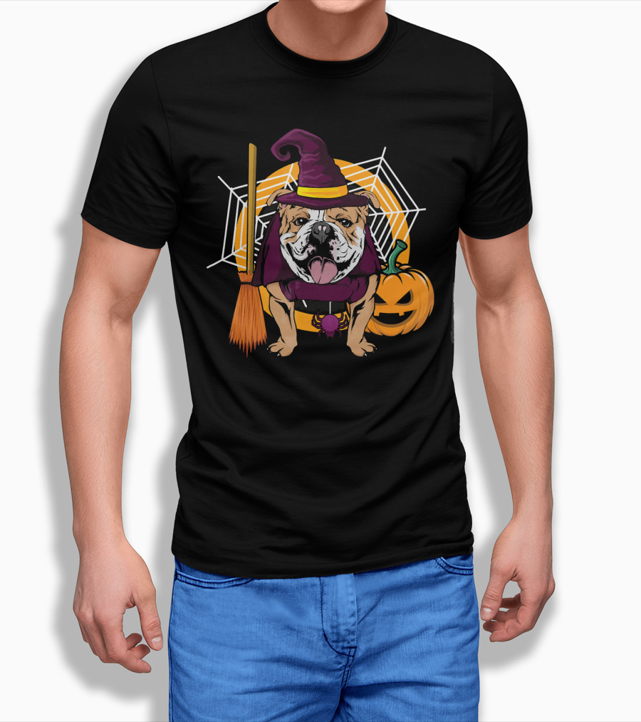 Witch Bulldog Halloween Pumpkin Broom Spiderweb T-Shirt
