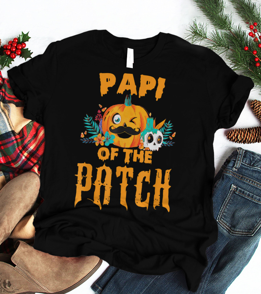 Papi Of The Patch Pumpkin Winking Mustache Skull Flowers T-Shirt