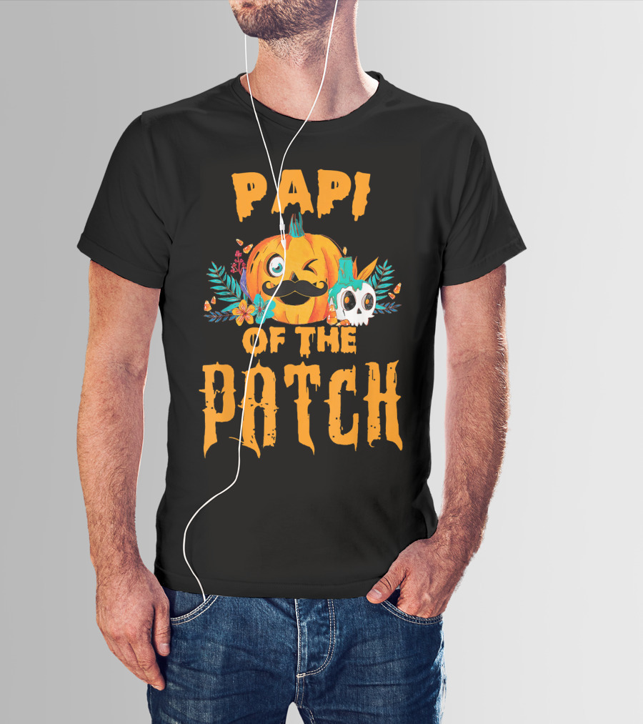 Papi Of The Patch Pumpkin Winking Mustache Skull Flowers T-Shirt