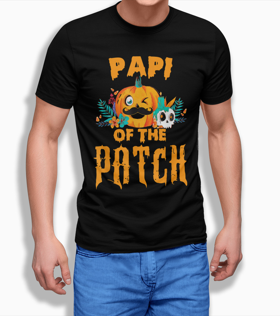 Papi Of The Patch Pumpkin Winking Mustache Skull Flowers T-Shirt