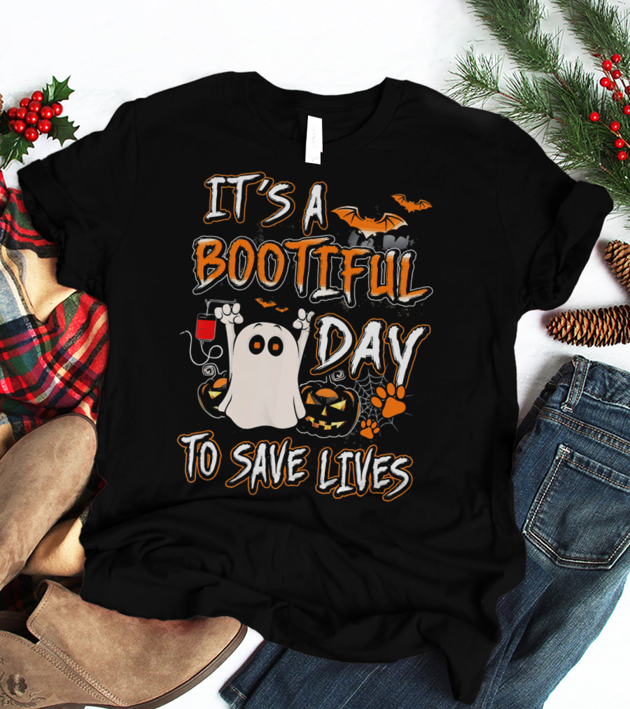 It's A Bootiful Day To Save Lives Bat Ghost Paw Pumpkin T-Shirt