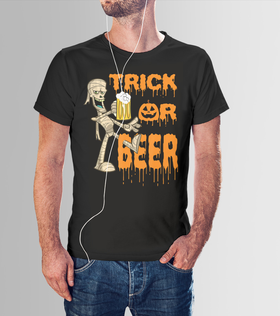 Trick Or Beer Mummy With Pumpkin And Mug T-Shirt
