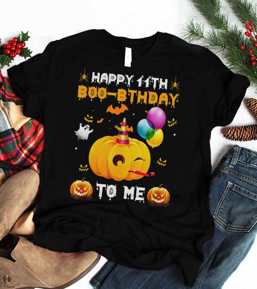 Happy 11th Boo-Pthday To Me Halloween Pumpkin And Balloons T-Shirt