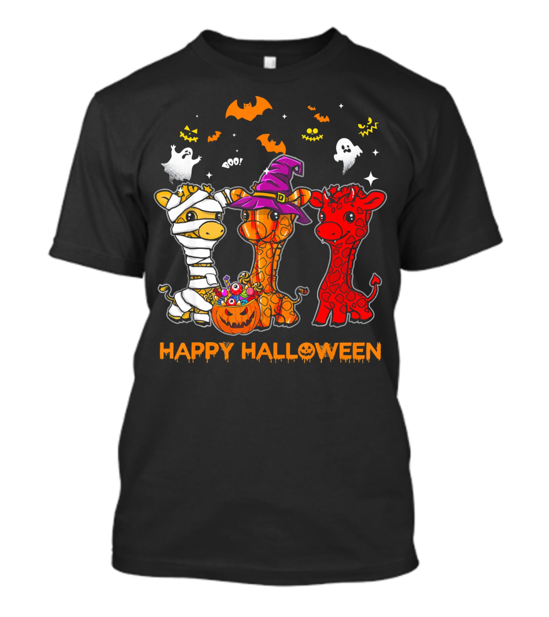 Giraffe Trio In Halloween Costumes With Ghosts And Pumpkin Candy Happy Halloween Cute Mum T-Shirt