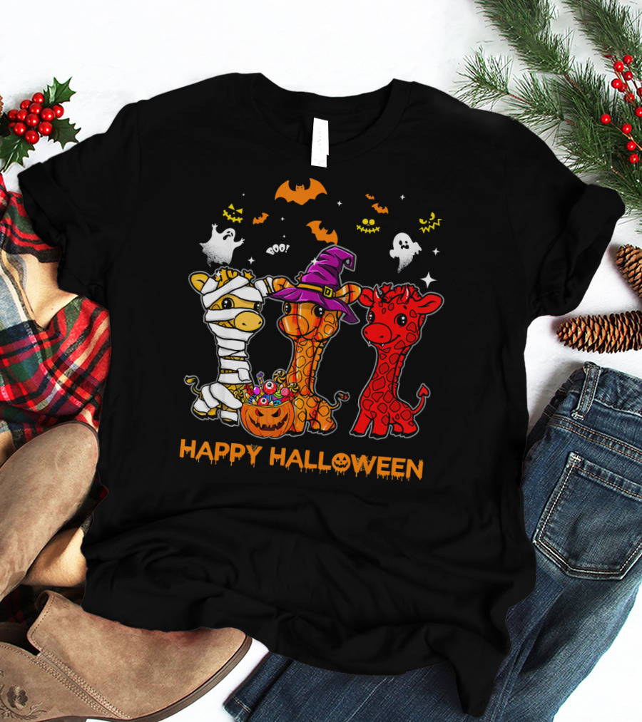 Giraffe Trio In Halloween Costumes With Ghosts And Pumpkin Candy Happy Halloween Cute Mum T-Shirt