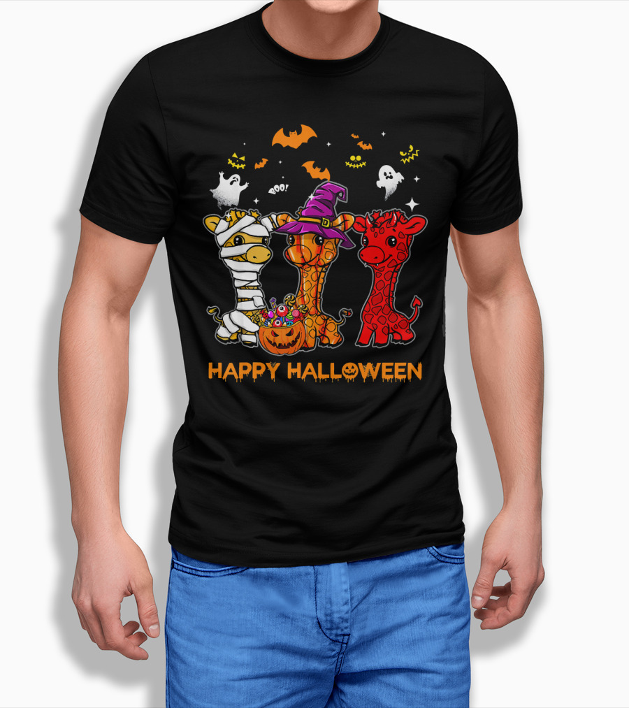 Giraffe Trio In Halloween Costumes With Ghosts And Pumpkin Candy Happy Halloween Cute Mum T-Shirt