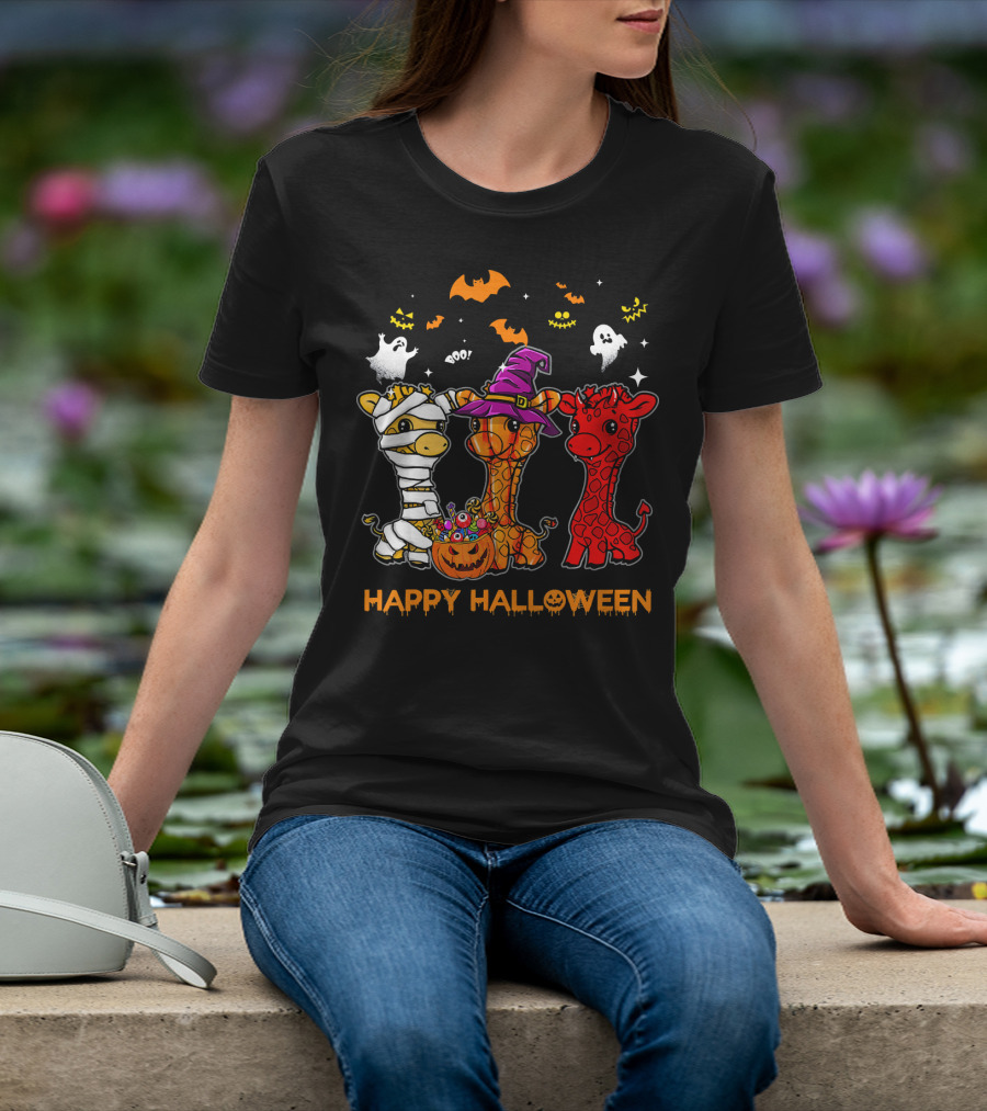 Giraffe Trio In Halloween Costumes With Ghosts And Pumpkin Candy Happy Halloween Cute Mum T-Shirt