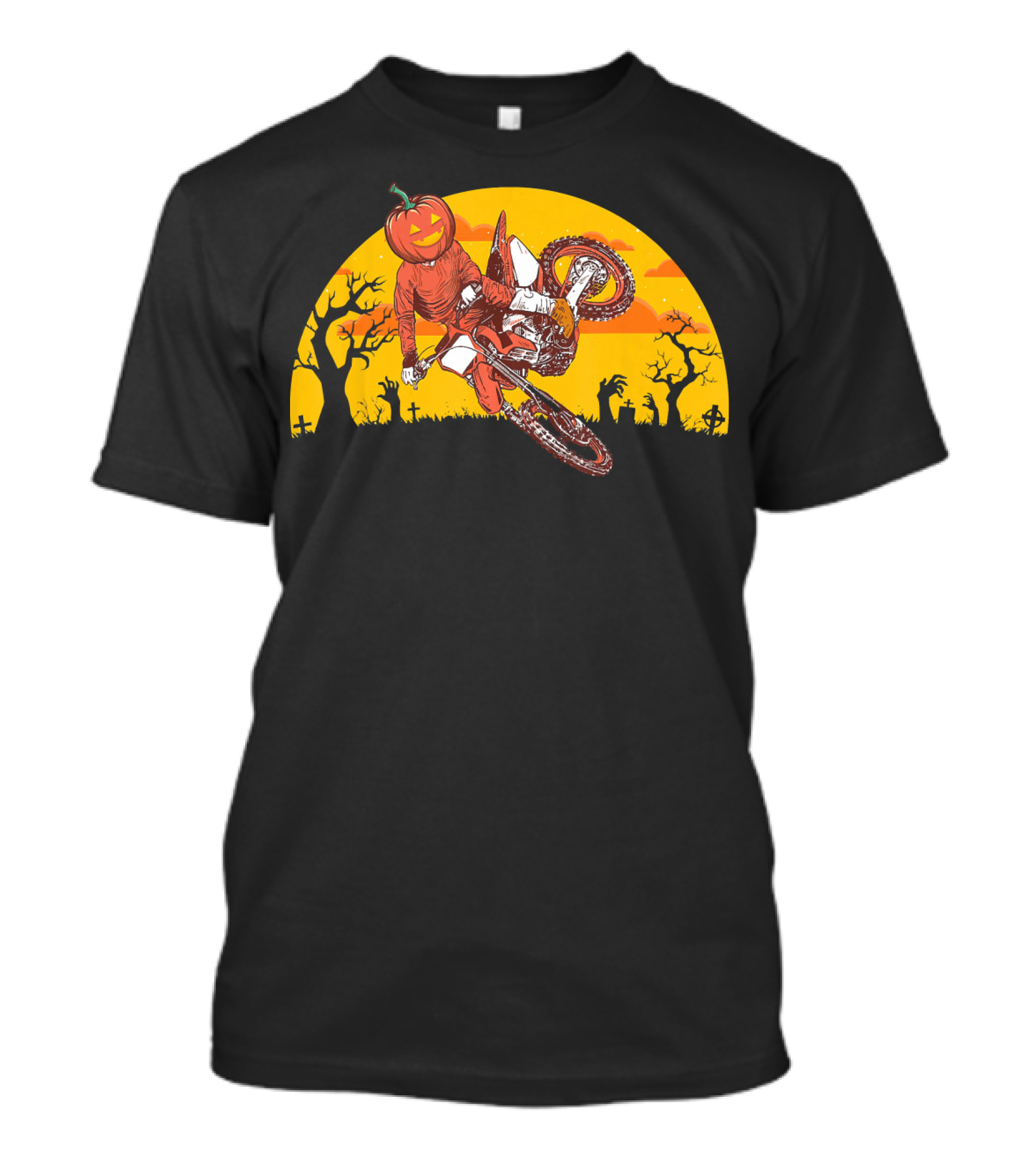 Halloween Pumpkin Head Motocross Trick With Haunted Trees And Sunset T-Shirt
