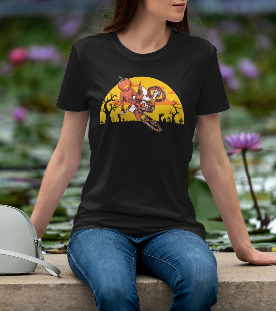 Halloween Pumpkin Head Motocross Trick With Haunted Trees And Sunset T-Shirt