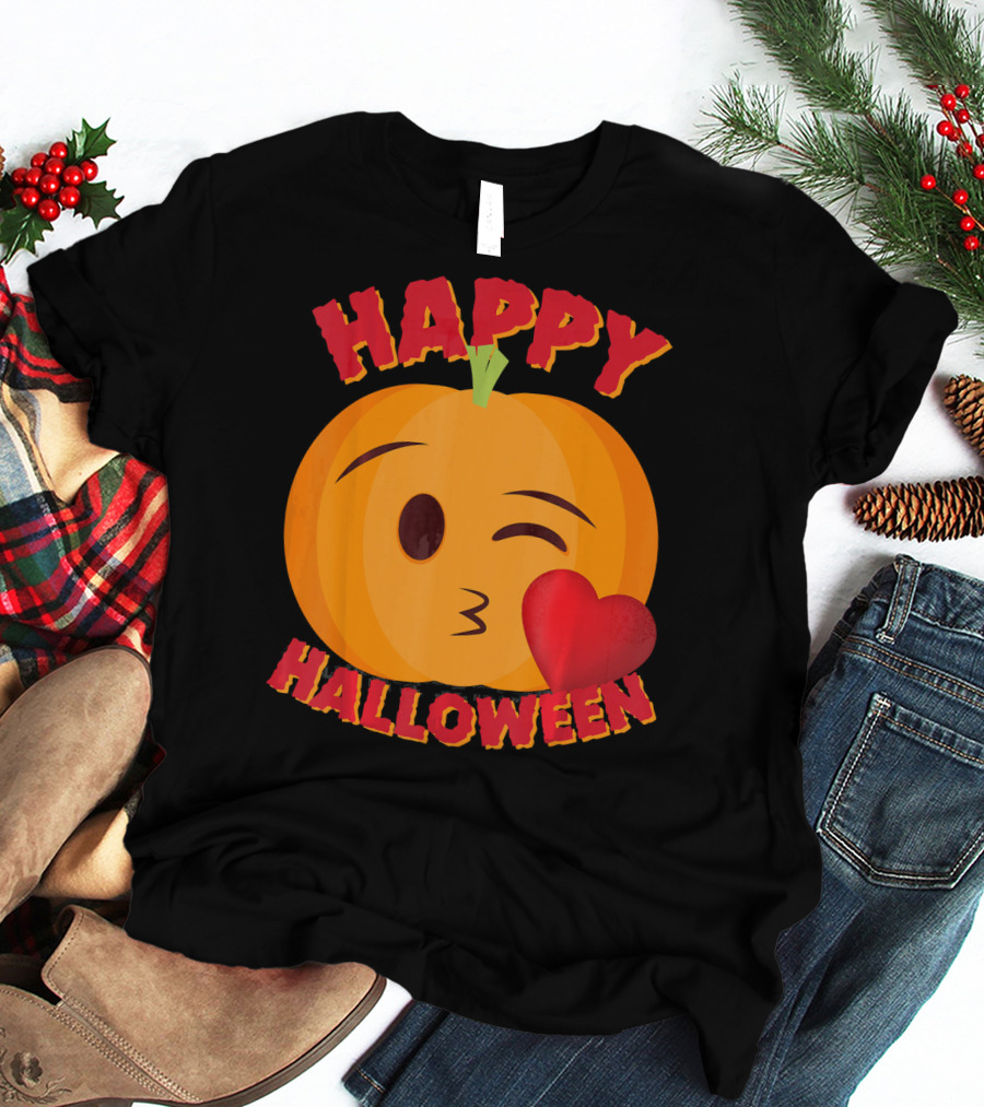 Happy Halloween Blowing Kiss Emoji Pumpkin T-Shirt