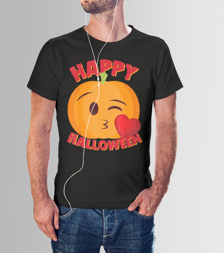 Happy Halloween Blowing Kiss Emoji Pumpkin T-Shirt