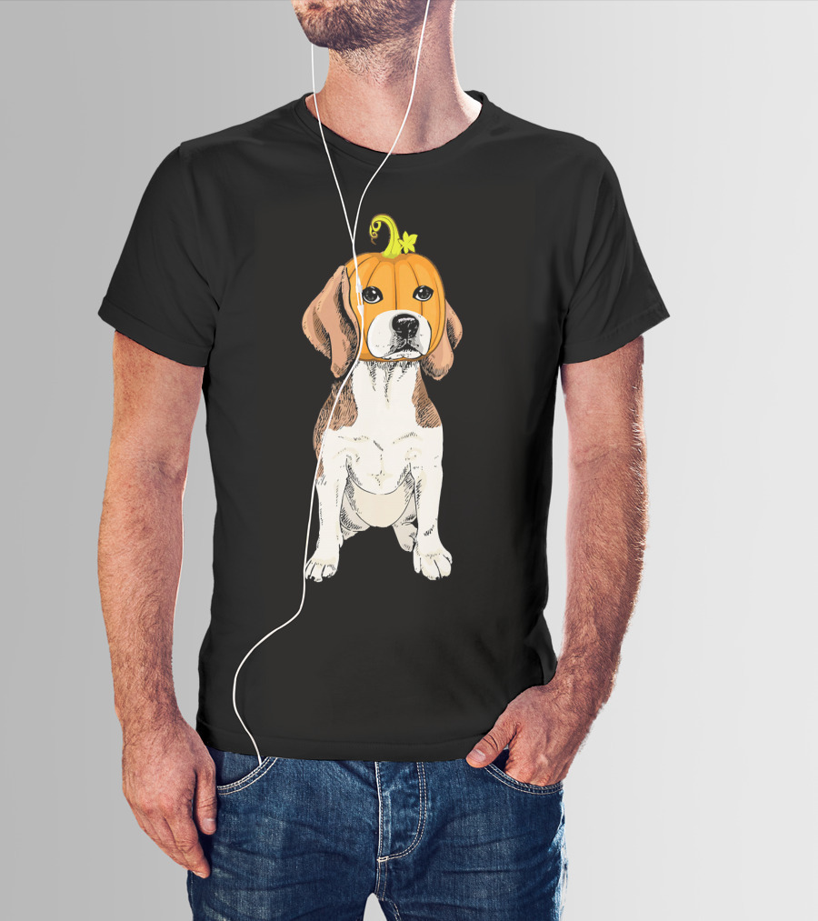 Beagle Wearing Pumpkin Face Funny Halloween Costume T-Shirt