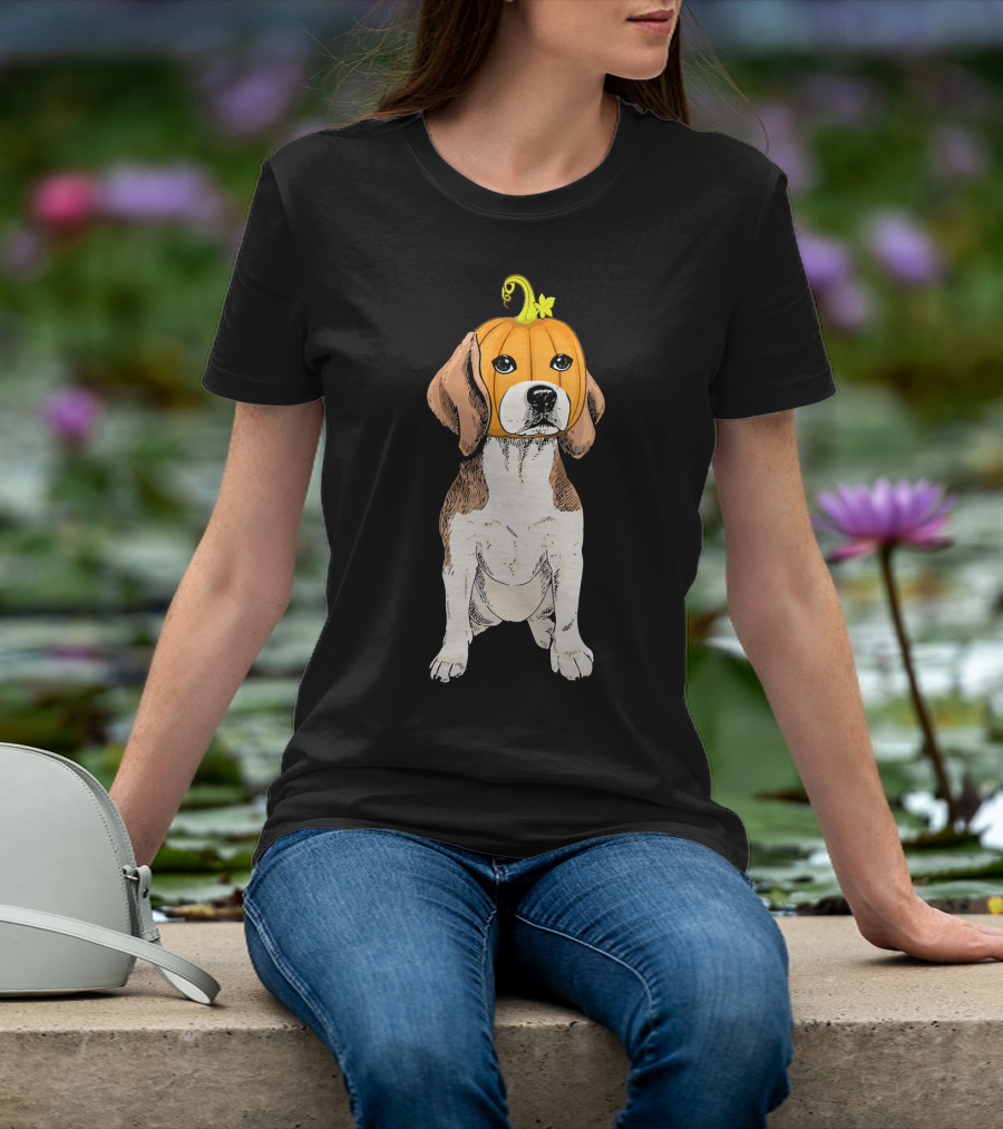 Beagle Wearing Pumpkin Face Funny Halloween Costume T-Shirt