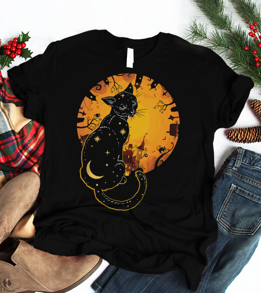 Halloween Black Cat With Stars And Moon In Haunted Landscape T-Shirt