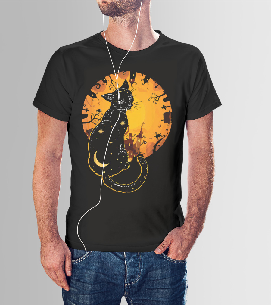 Halloween Black Cat With Stars And Moon In Haunted Landscape T-Shirt