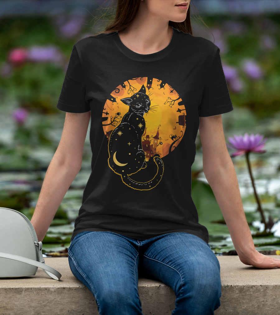 Halloween Black Cat With Stars And Moon In Haunted Landscape T-Shirt