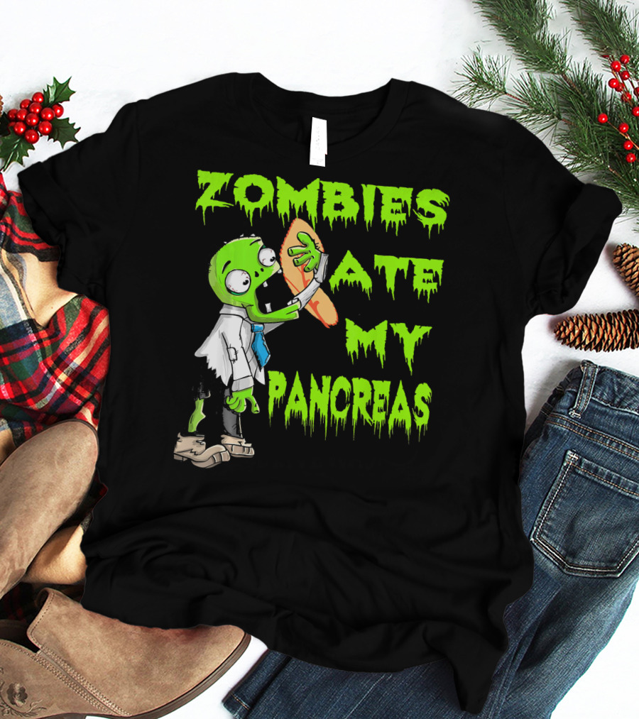 Zombies Ate My Pancreas Diabetes Awareness Cartoon Zombie Holding Organ T-Shirt