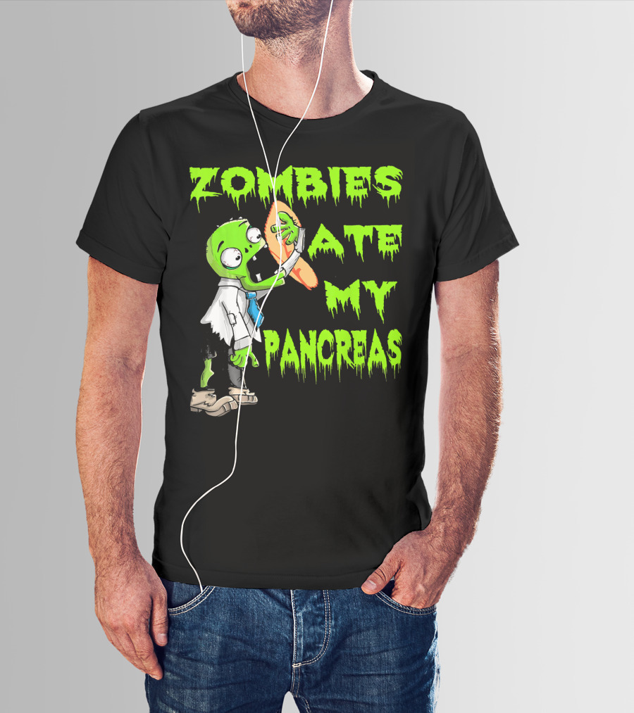 Zombies Ate My Pancreas Diabetes Awareness Cartoon Zombie Holding Organ T-Shirt